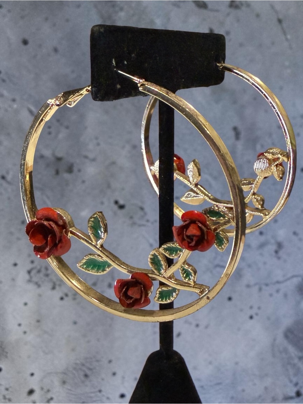 Gold Hoop Earrings Whimsical Cottagecore 3D Red Enamel Rose Vine
